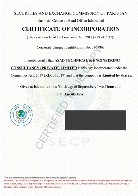 Certificate of Incorporation issued by SECP (verification code hidden)