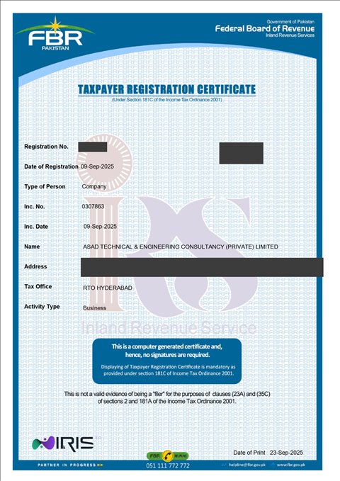 Taxpayer Registration Certificate issued by FBR (address hidden)